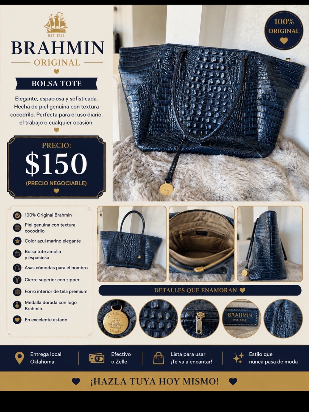 Brahmin Navy Croc-Embossed Leather Tote with Gold Hardware